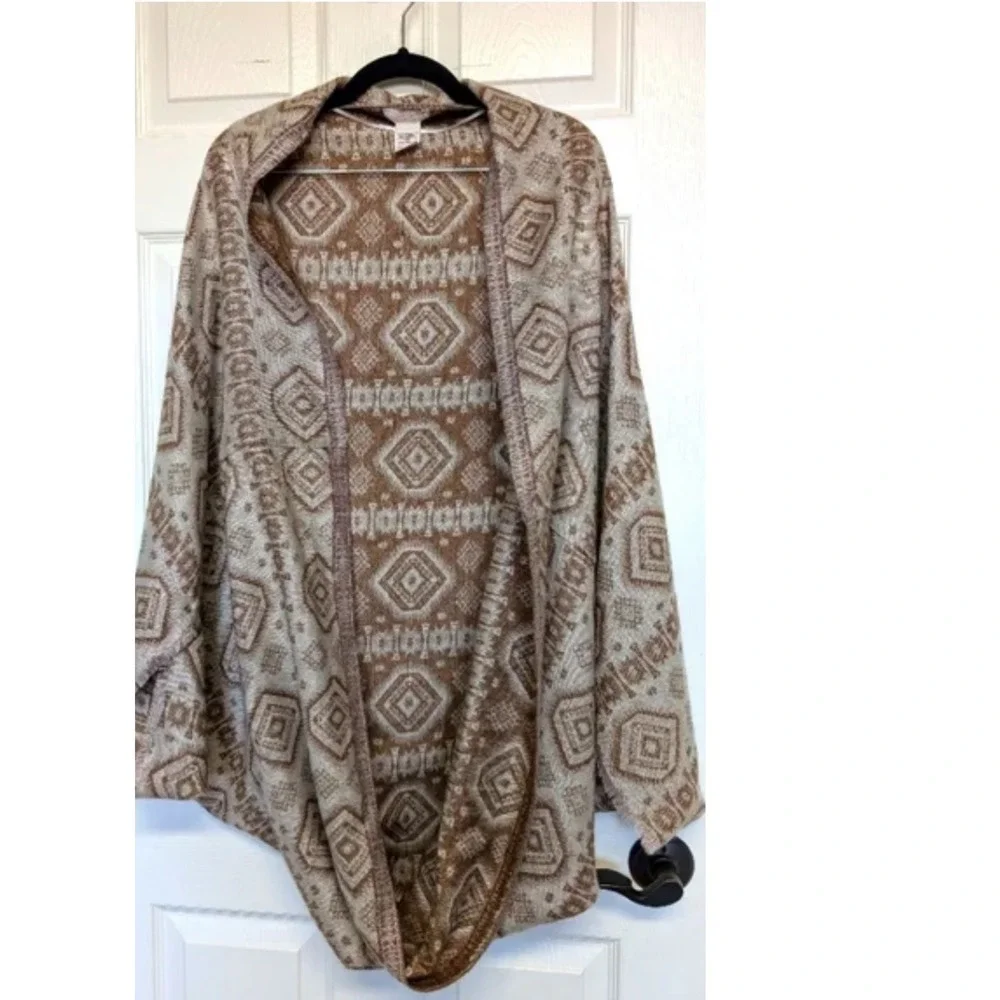 Free People Tribal Geometric Cocoon‎ Cardigan Sweater Brown Cream Oversized OS